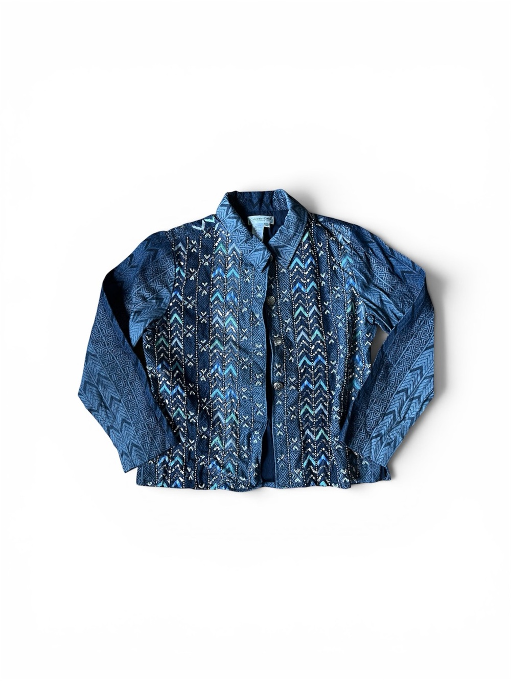 Textured Blue Patterned Button-Front Jacket